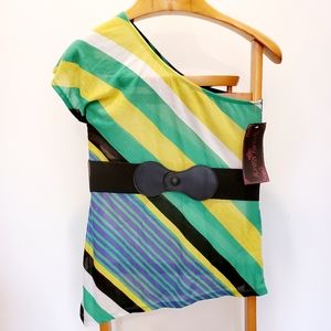 Almost Famous Striped One Shoulder Belted Top M